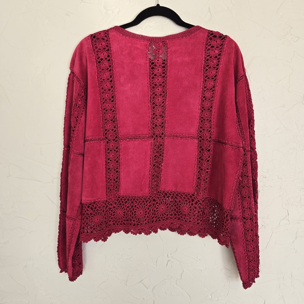 Vintage Suede Leather Crochet Rasberry Pink Jacket - Picture 10 of 12